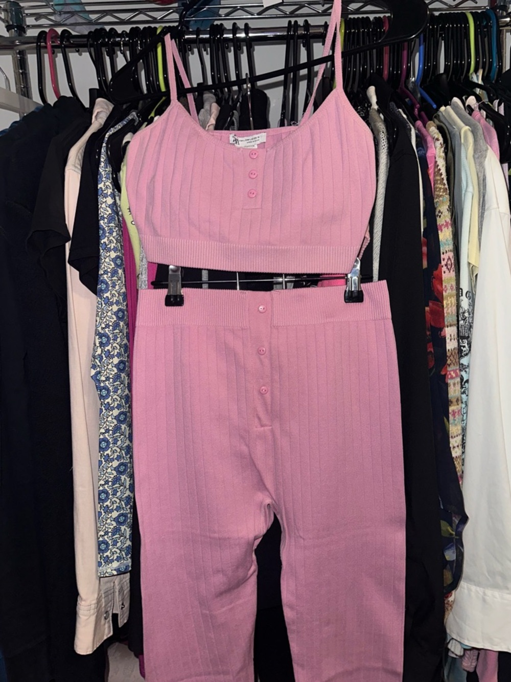 Zara Pink Ribbed Knit Cropped Tank & High-Waist Pants Set